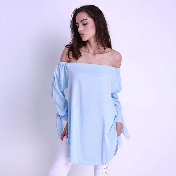 Off Shoulder Tie Cuff Dolphin Hem Blouse Baby Blue - Picture 3 of 6